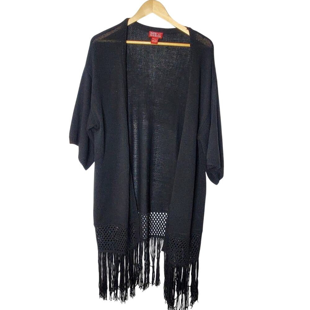 Red ranch black long fringed cardigan sweater Size medium
